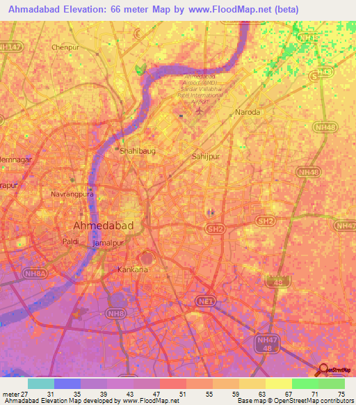 Ahmadabad,India Elevation Map