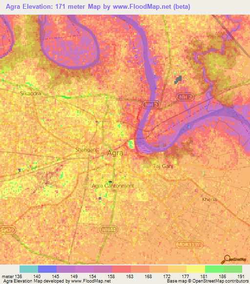 Agra,India Elevation Map