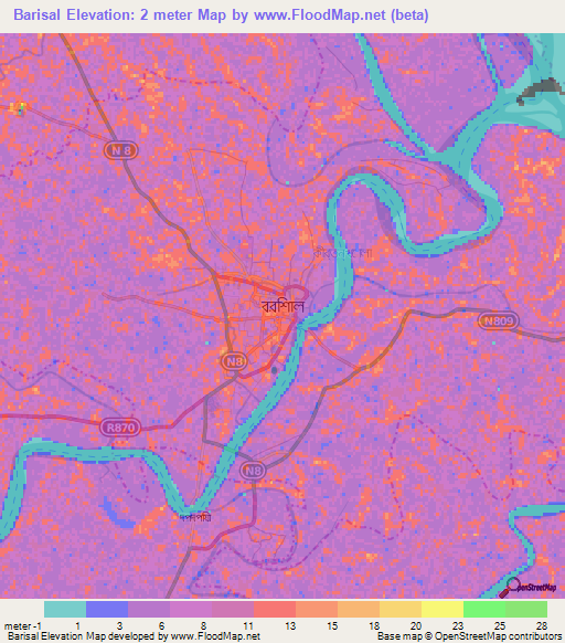 Barisal,Bangladesh Elevation Map