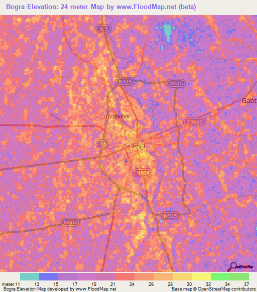 Bogra,Bangladesh Elevation Map