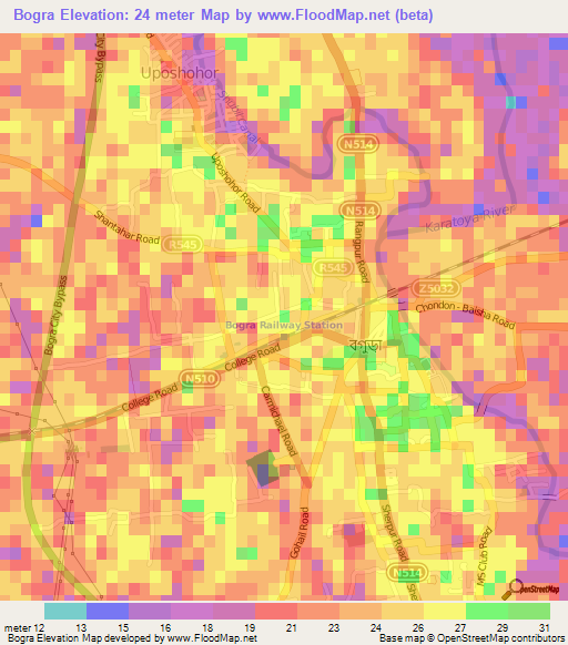 Bogra,Bangladesh Elevation Map