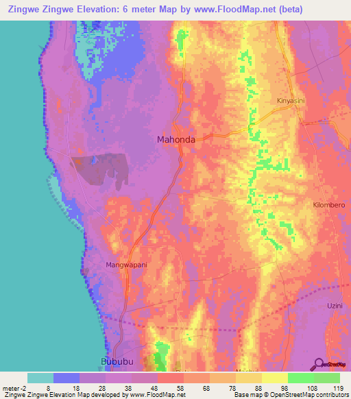 Zingwe Zingwe,Tanzania Elevation Map