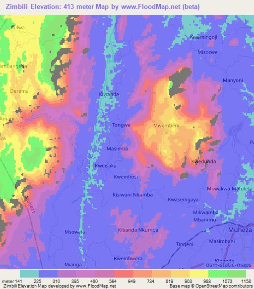 Zimbili,Tanzania Elevation Map