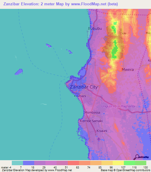 Zanzibar,Tanzania Elevation Map