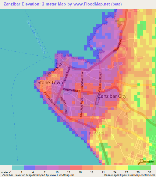 Zanzibar,Tanzania Elevation Map