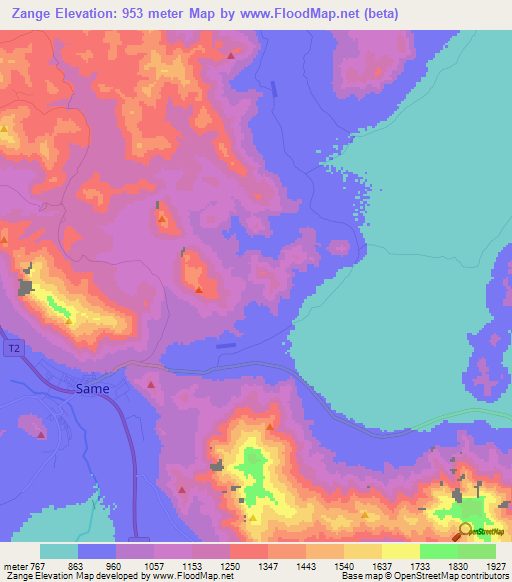 Zange,Tanzania Elevation Map