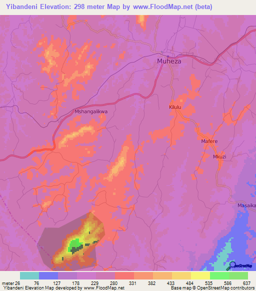 Yibandeni,Tanzania Elevation Map