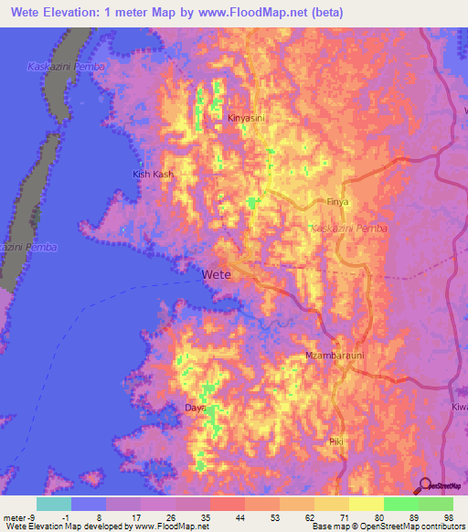 Wete,Tanzania Elevation Map