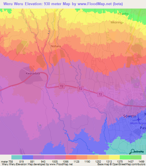 Weru Weru,Tanzania Elevation Map