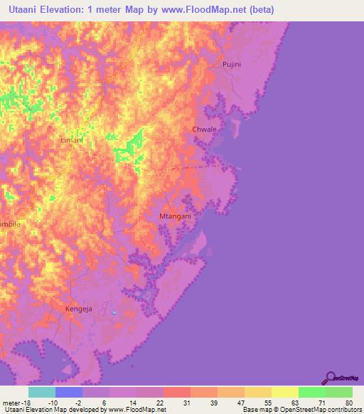 Utaani,Tanzania Elevation Map