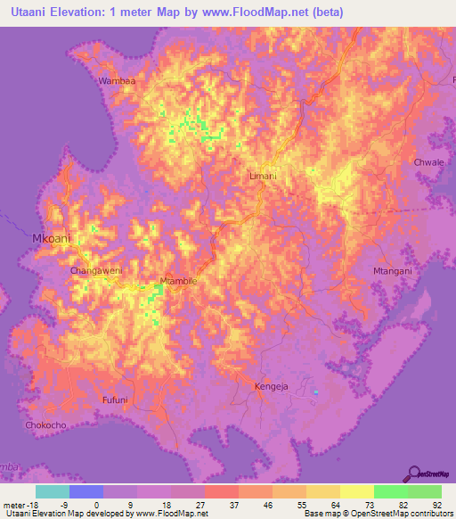 Utaani,Tanzania Elevation Map