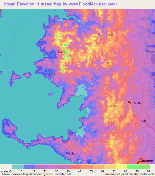 Utaani,Tanzania Elevation Map