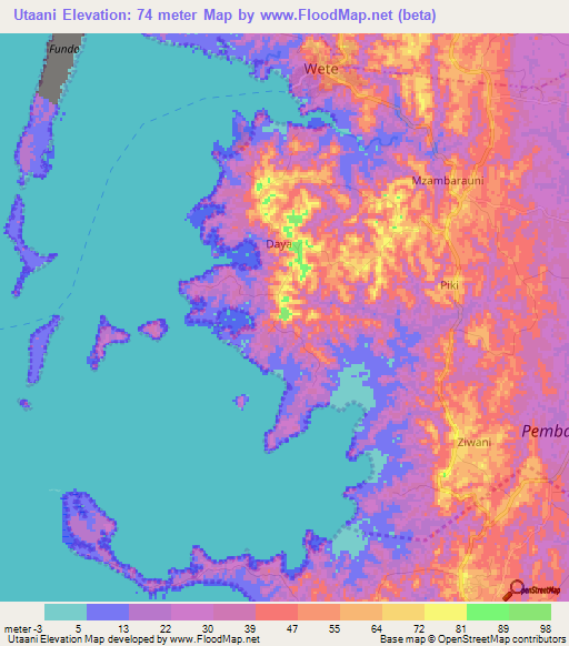 Utaani,Tanzania Elevation Map