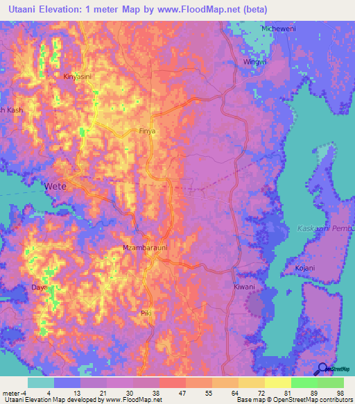 Utaani,Tanzania Elevation Map