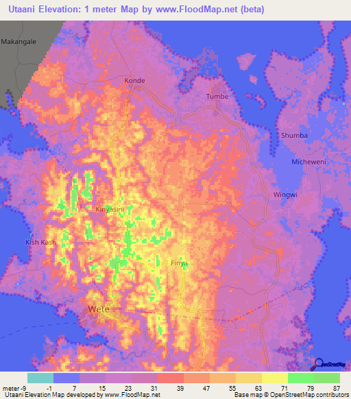 Utaani,Tanzania Elevation Map