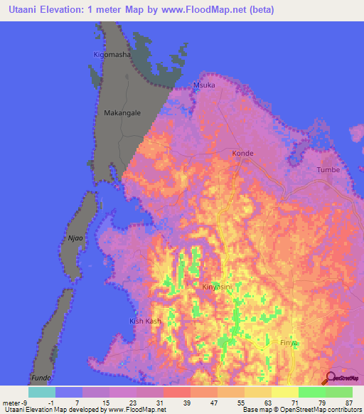 Utaani,Tanzania Elevation Map