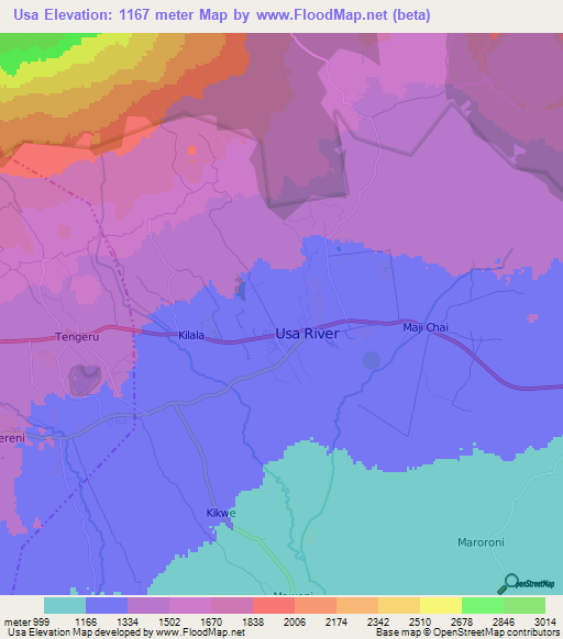 Usa,Tanzania Elevation Map