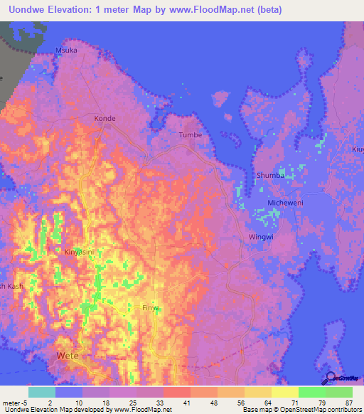 Uondwe,Tanzania Elevation Map