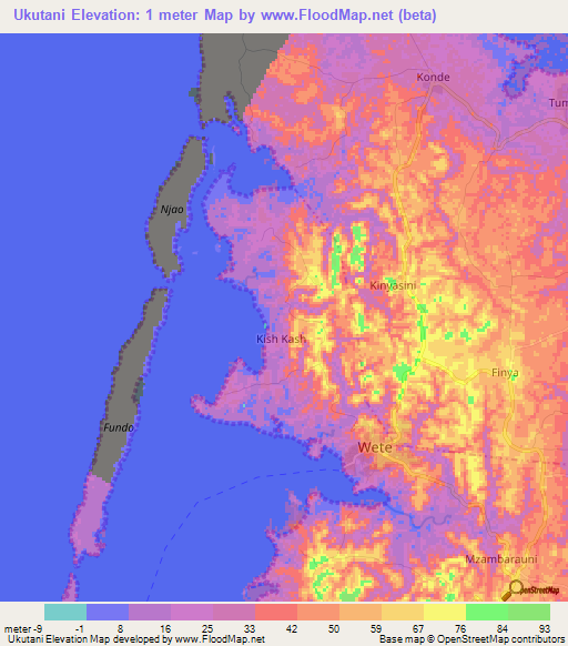 Ukutani,Tanzania Elevation Map