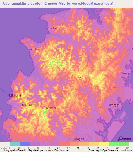 Udungungkitu,Tanzania Elevation Map