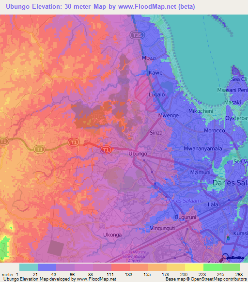 Ubungo,Tanzania Elevation Map