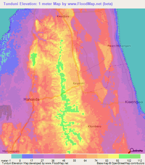 Tunduni,Tanzania Elevation Map