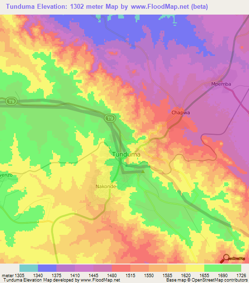 Tunduma,Tanzania Elevation Map