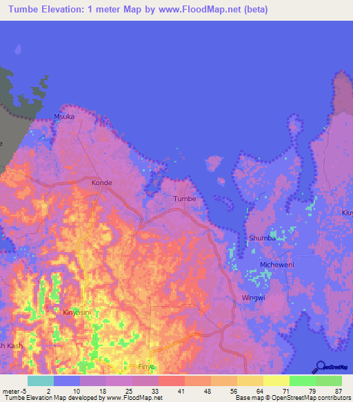 Tumbe,Tanzania Elevation Map