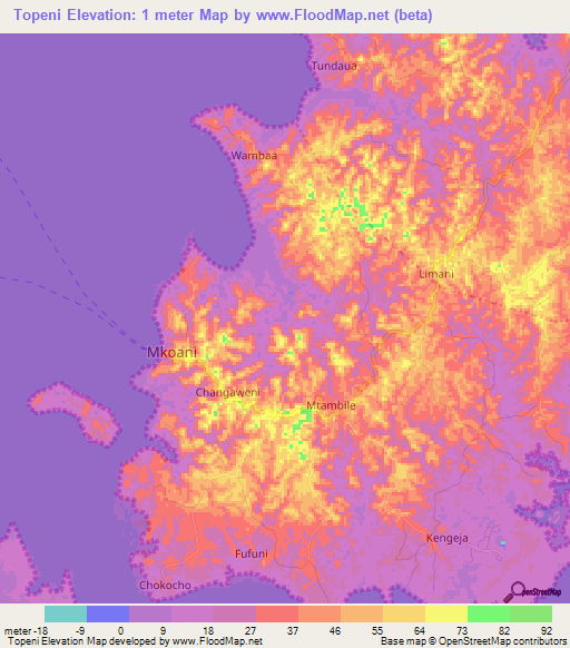 Topeni,Tanzania Elevation Map