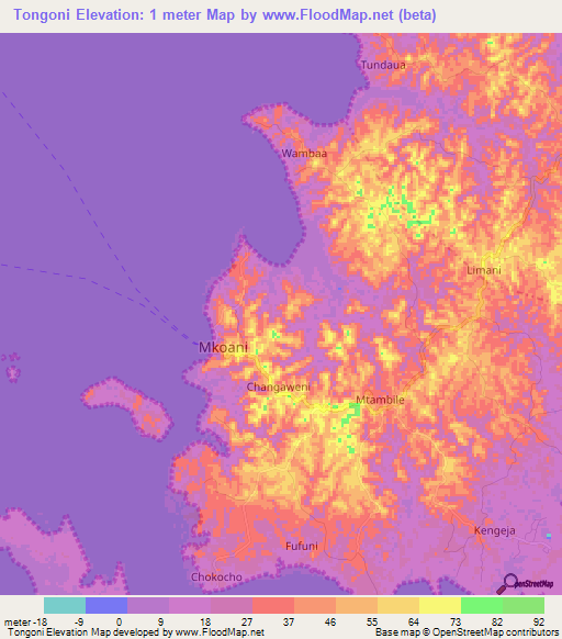 Tongoni,Tanzania Elevation Map