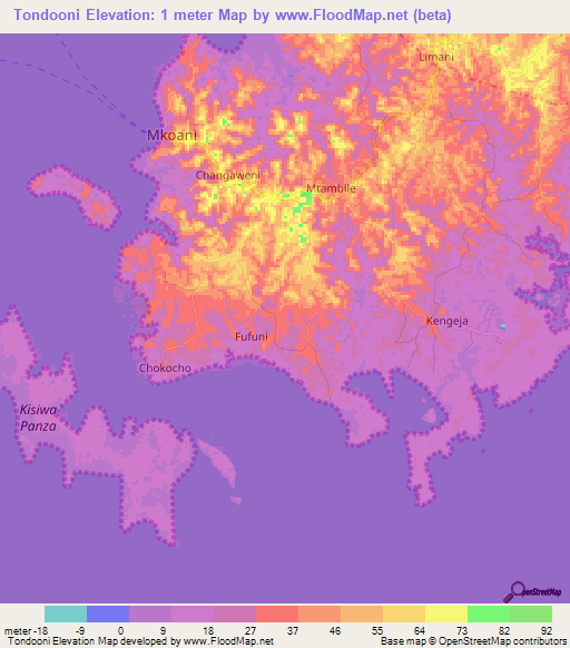 Tondooni,Tanzania Elevation Map