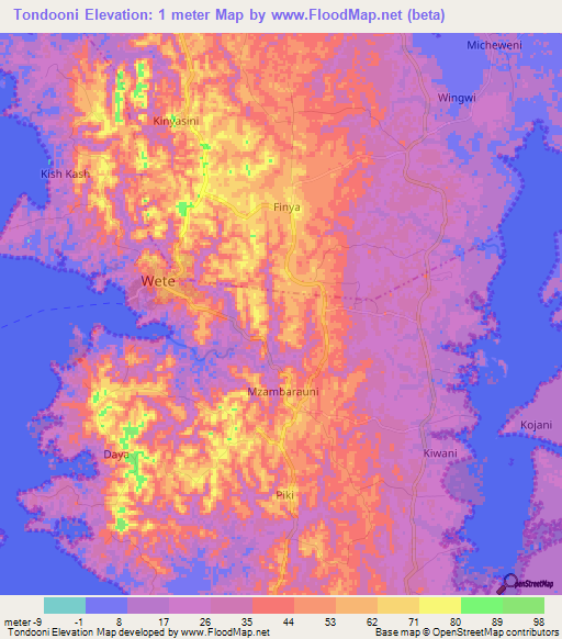Tondooni,Tanzania Elevation Map