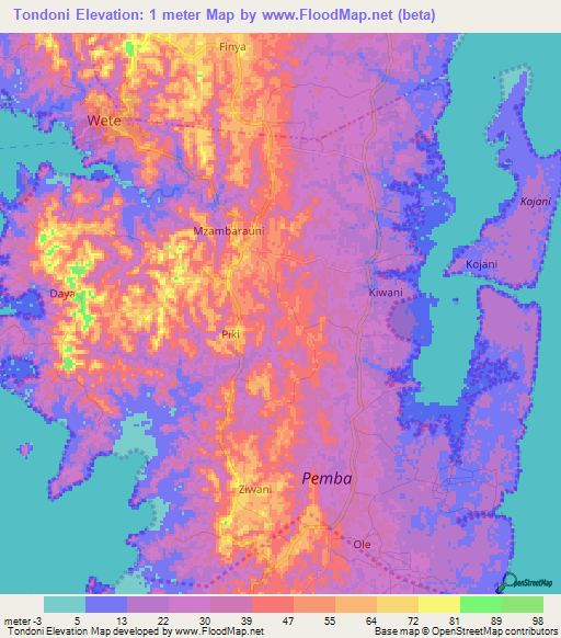 Tondoni,Tanzania Elevation Map