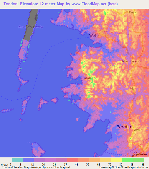 Tondoni,Tanzania Elevation Map