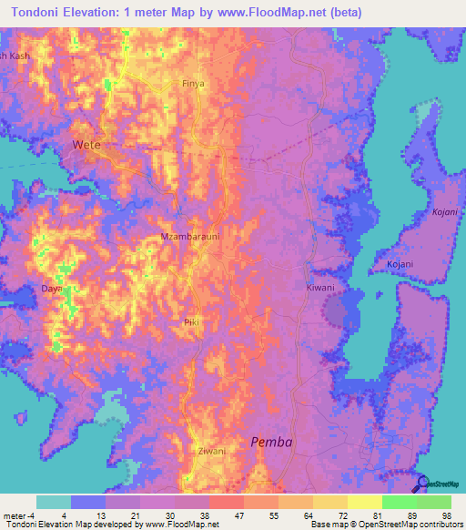 Tondoni,Tanzania Elevation Map