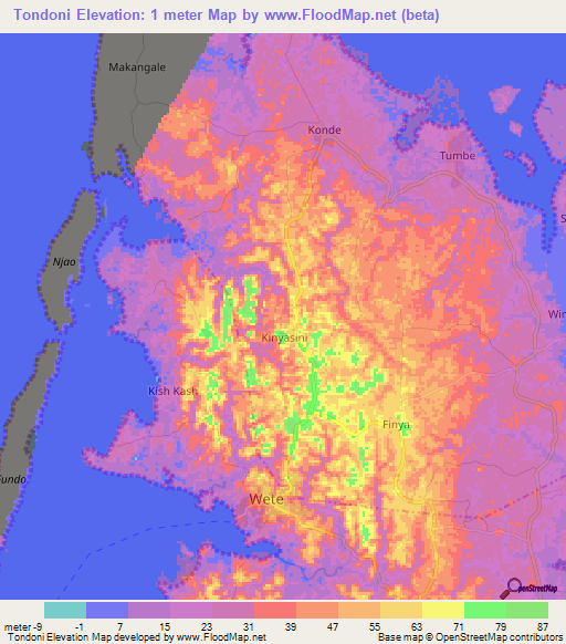 Tondoni,Tanzania Elevation Map