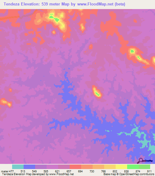 Tendeza,Tanzania Elevation Map