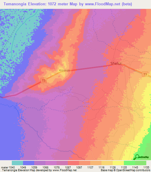 Temanongia,Tanzania Elevation Map