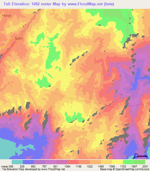 Teli,Tanzania Elevation Map