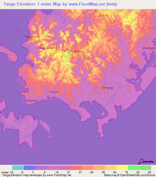 Tanga,Tanzania Elevation Map