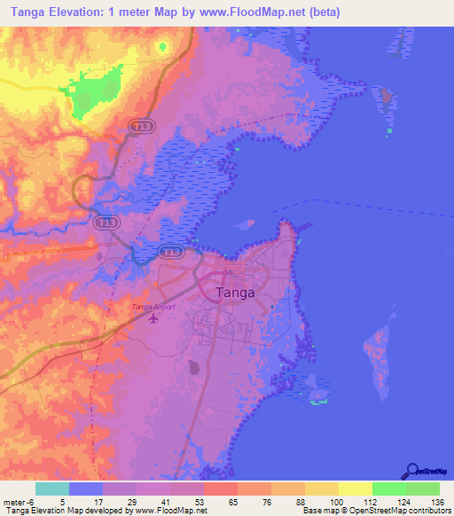 Tanga,Tanzania Elevation Map