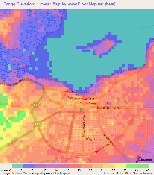 Tanga,Tanzania Elevation Map