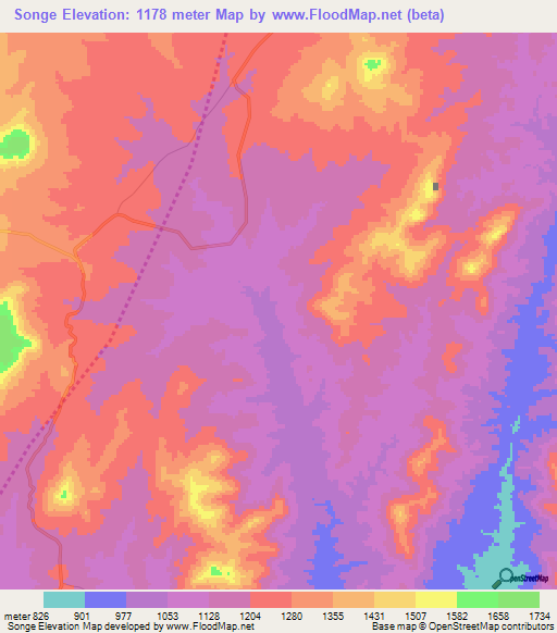 Songe,Tanzania Elevation Map