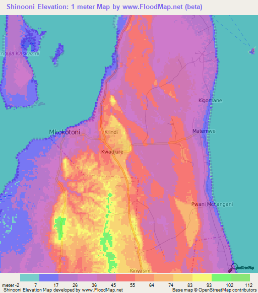 Shinooni,Tanzania Elevation Map