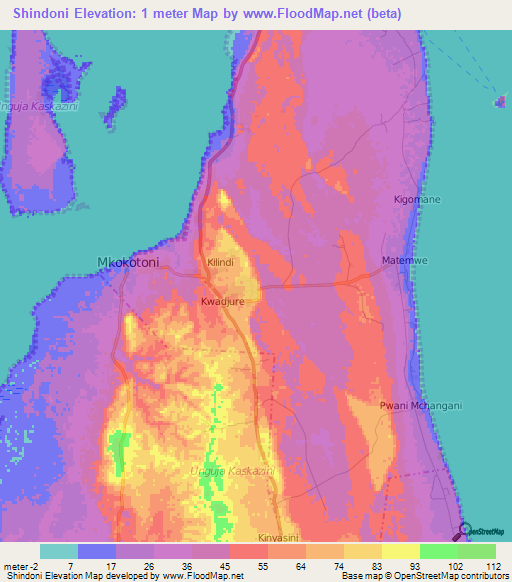 Shindoni,Tanzania Elevation Map