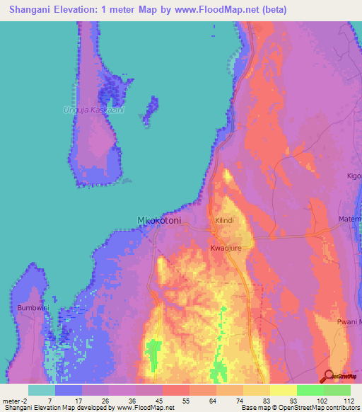 Shangani,Tanzania Elevation Map