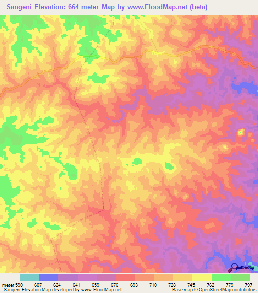 Sangeni,Tanzania Elevation Map