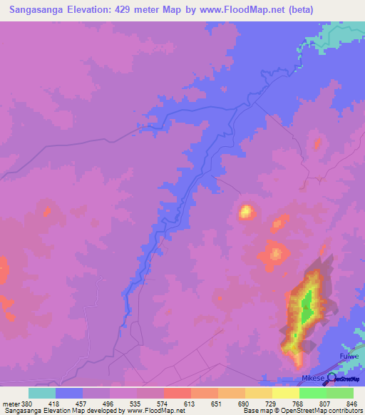 Sangasanga,Tanzania Elevation Map