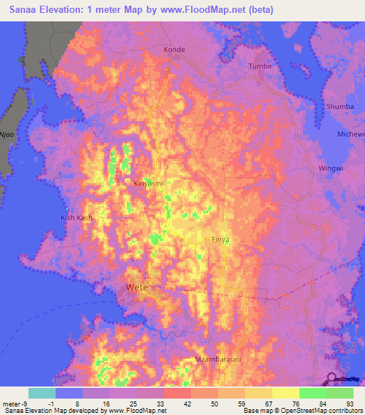 Sanaa,Tanzania Elevation Map