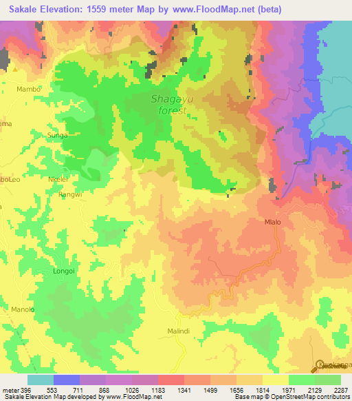 Sakale,Tanzania Elevation Map